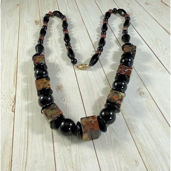 14k Yellow Gold Clasp Black Onyx Jasper Necklace Geometric Beaded Fine